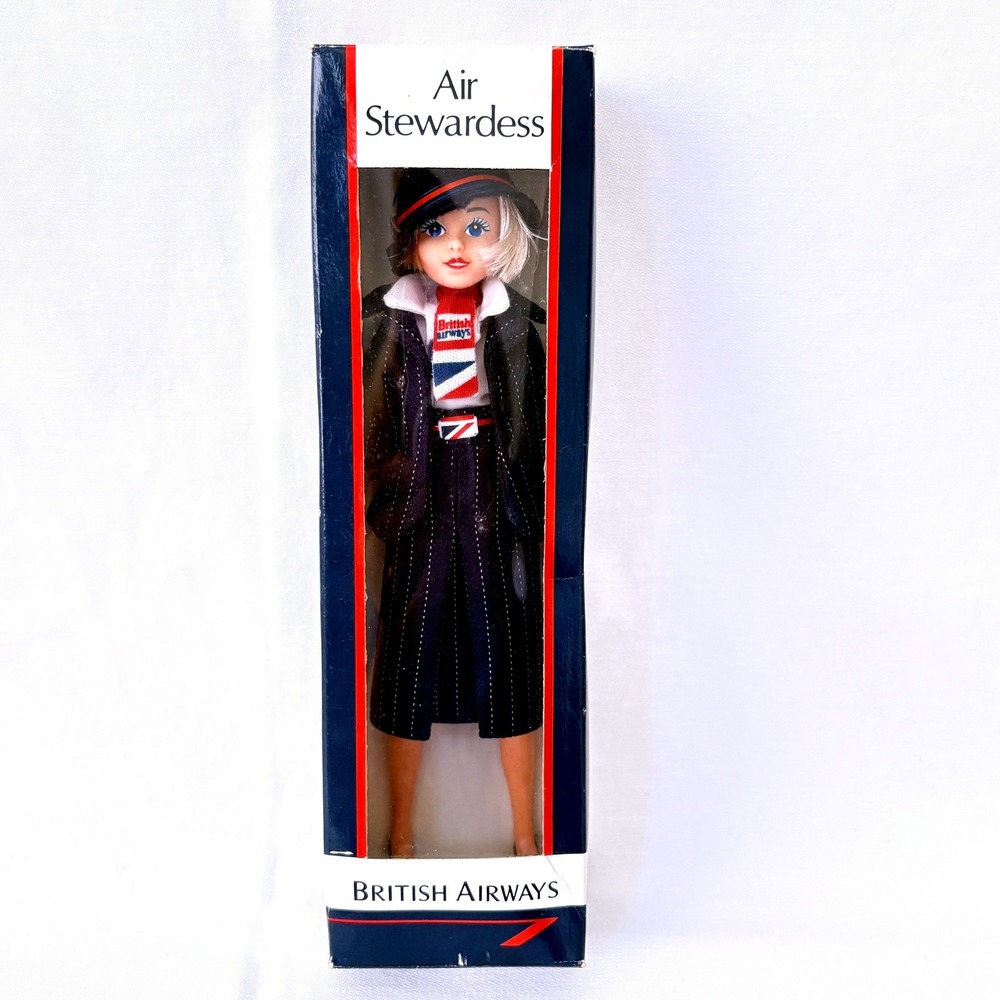 Vintage‎ 1980s British Airways Air Stewardess Doll 8" Navy Pinstripe Uniform